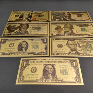 Billets décoratifs en or en dollars américains, ensemble de 7 pièces de 1 à 100 dollars américains