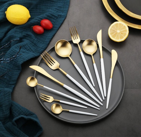 Luxury Style Stainless Steel Cutlery Set White & Gold Stainless