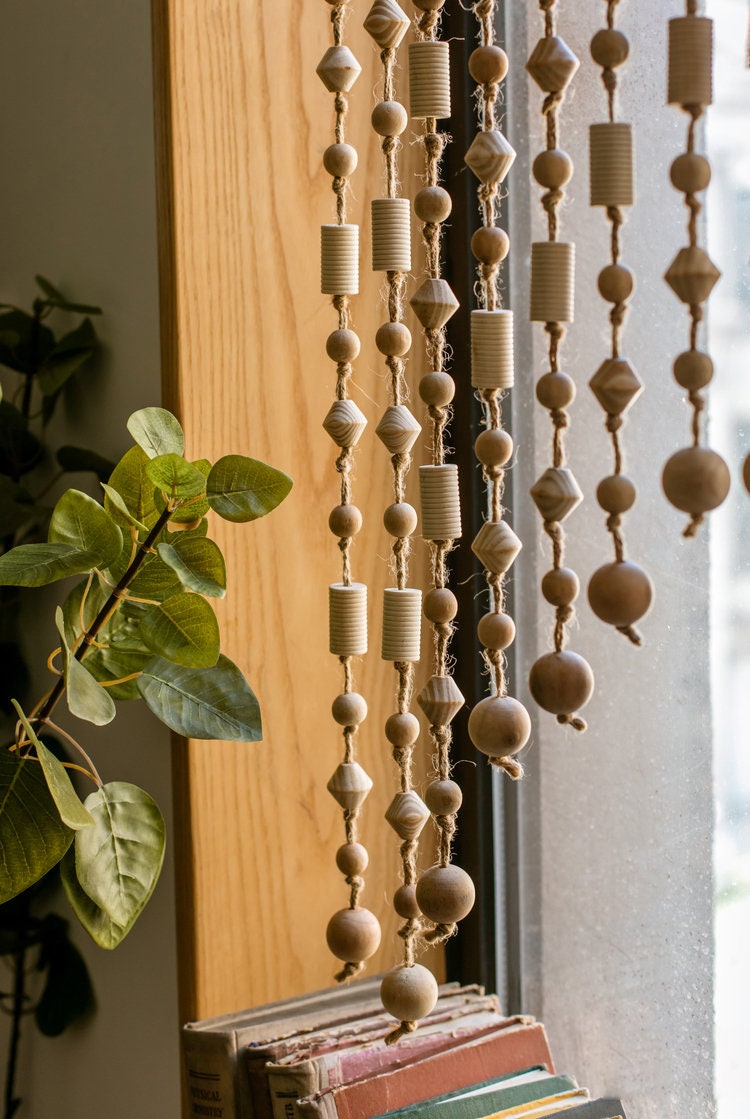 Handmade wooden curtain Beaded curtain Handwoven Solid Etsy