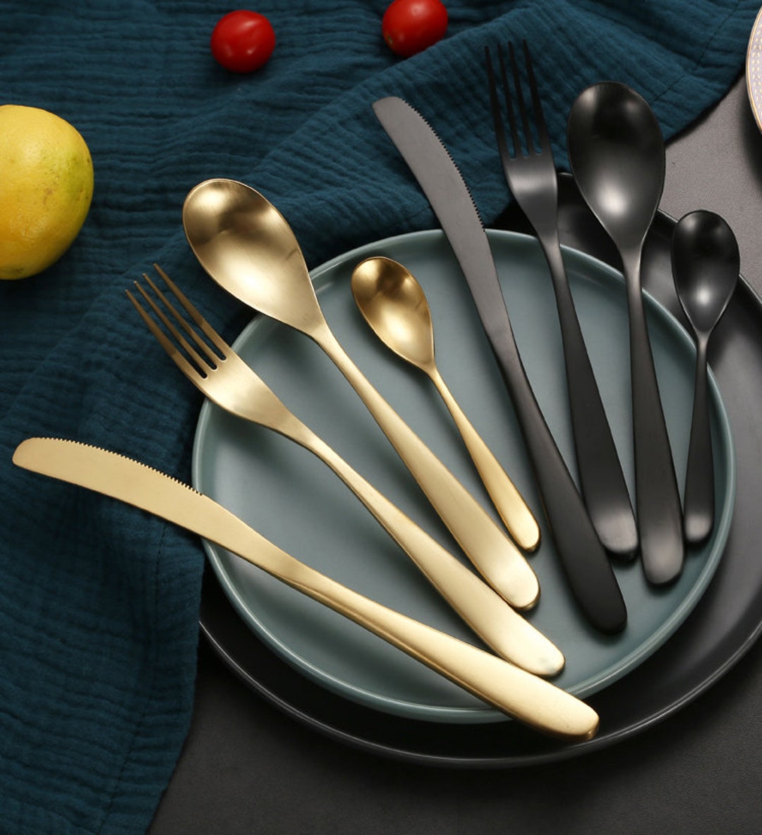 Brushed Black and Gold Cutlery Set Luxury Style Back and Etsy