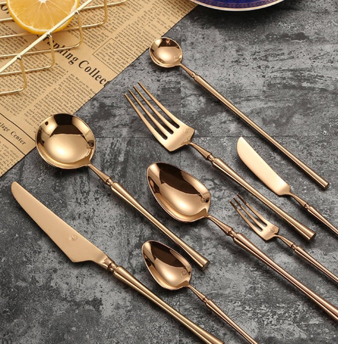 Rose Gold Cutlery Set 4 Pcs Set Tableware Golden Etsy