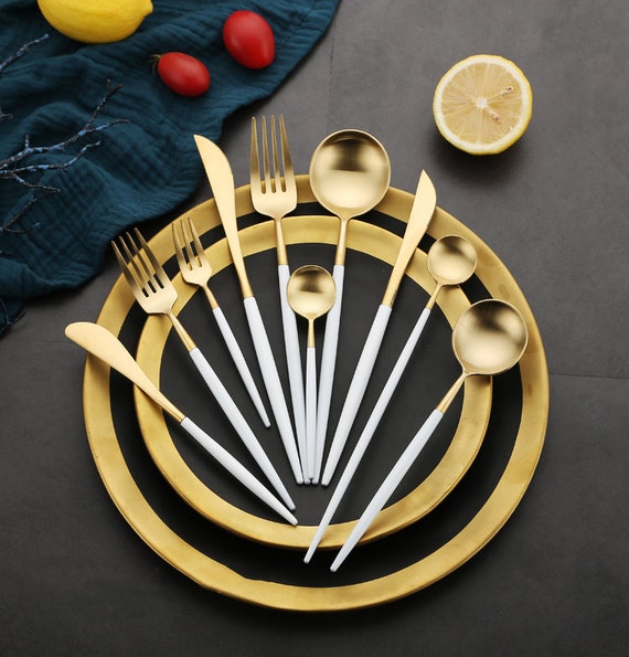 Luxury Style Stainless Steel Cutlery Set White & Gold Stainless Steel  Flatware Full Set Set Dinner Knife Fork Spoon Dinnerware 