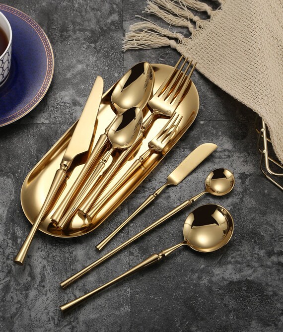 4 Pcs Cutlery Set Tableware Golden Tableware Stainless Etsy Australia