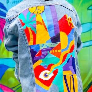 Benutzerdefinierte handbemalte Jeansjacke | Flach Illustration | Custom Damen Jeansjacke | Benutzerdefinierte Jeansjacke für Herren | Personalisierte Jacke