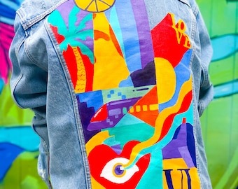 Custom Hand Painted Denim Jacket | Flat Illustration | Women’s Custom Denim Jacket | Men's Custom Denim Jacket | Personalized Jacket