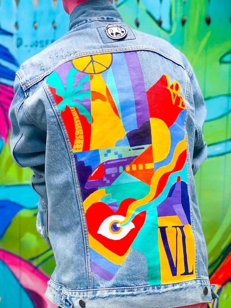 Custom Hand Painted Denim Jacket Flat Illustration Womens Etsy