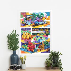 以下が含まれることがあります： 市場のシーンをカラフルに描いた、額入りのアートプリント。アートワークは4つのパネルに分かれており、農産物の展示やトラックなど、さまざまな市場の活動を描いています。大胆な線と鮮やかな色使いで、活気がありグラフィックなスタイルです。