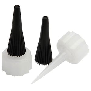 May include: Three plastic glue bottle tips. Two are black with a star-shaped opening and one is white with a long, pointed tip.