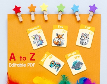 Set of 26 Alphabet Flashcards printable. Printable Flashcards with Pictures for the ABCs, ABC Cartoon Animals