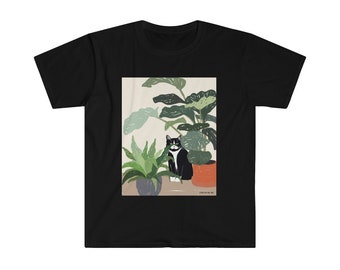 Cat and plant tee, original art on unisex soft style cotton tee, black tshirt, cat mom gift, cat dad gift, tuxedo cat shirt, tuxedo cat art