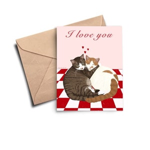 Valentine’s cat card, I love you blank card, cuddling cats, tabby cat, orange white cat, Valentine’s Day gift, gift for cat lover