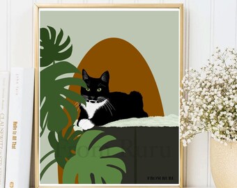 Cat and Flowers Cat Print Tuxedo Cat Art Colorful Wall Art Cat Lover Gift Tuxedo Cat Gift Black and White Cat