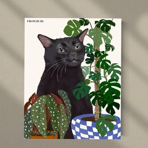 Zoning out cat, cat meme art, meme art, black cat, disassociating cat, cat plant art, Christmas gift, cat wall art, cat lovers gift