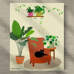 Cat plant art | Houseplants and black cat art print | minimalist boho art | houseplant art | cat lovers gift | black cat, Christmas gift