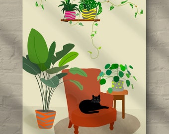 Cat plant art | Houseplants and black cat art print | minimalist boho art | houseplant art | cat lovers gift | black cat, Christmas gift