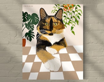 Calico cat art, bohemian cat art, cat plant art, calico lovers gift, cat mom gift, plant art, neutral art, boho art, cat lovers gift