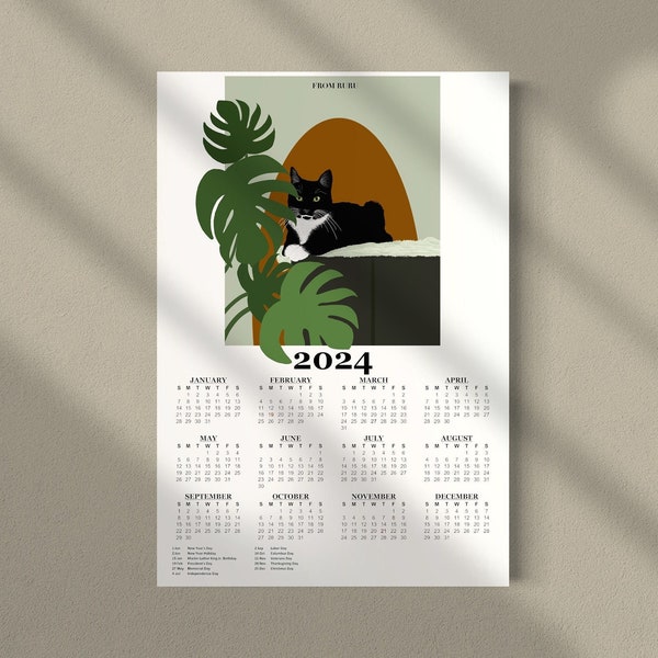 2024 cat calendar, 13x19 wall calendar, cat plant art, 12 month calendar, cat gifts, cat lovers gift, plant calendar, Christmas gift