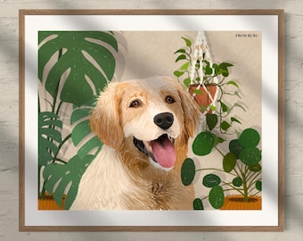 Golden Retriever Art, Adorable Golden Retriever print, original art, pet portrait, dog art, dog with plants, dog lovers gift, Christmas gift