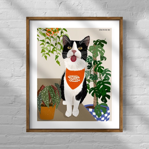 Tuxedo cat art print, cat and plant art, cat art, plant lover gift, houseplant art, cat mom gift, cat dad gift, black and white cat