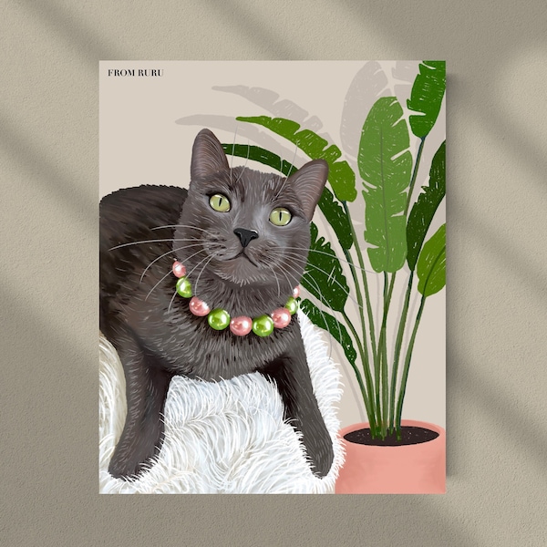 Gray cat, cat art print, Russian blue cat, cat plant art, houseplant art, boho cat print, Christmas gift, cat mom, cat gift, cat lovers gift