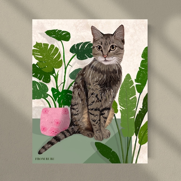 Brown tabby cat, cat plant art, houseplant art, plant lover gift, monstera deliciosa art, cat mom gift, cat Christmas gift, gifts under 10