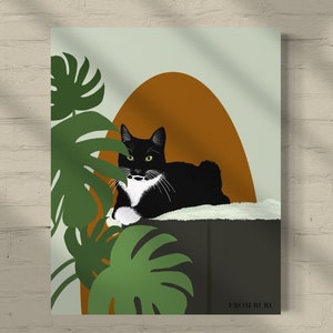 Chat smoking, chat noir, art monstera, illustration de chat, art keffieh, keffieh chat, amoureux des chats, cadeau maman chat, cadeau papa chat, cadeaux pour les moins de 10 ans