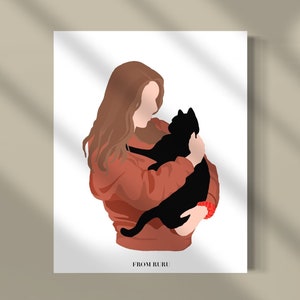 猫好きの女性アートプリント | 猫を抱くミニマリストの女性 | デジタルアートプリント | 猫好きへのギフト | 母の日ギフト | 猫好きのお母さんへのギフト