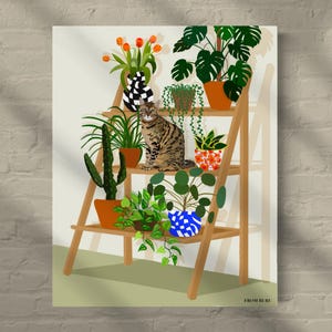 Art d'étagère de plantes, plantes d'intérieur sur des étagères avec chat, art de chat et de plante, art de chat du Bengale, chat tigré brun, décoration murale bohème, cadeau de Noël