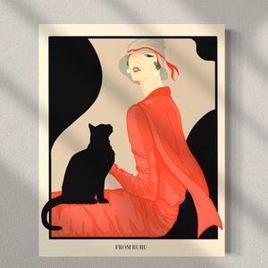 Impression d'art pour fille des années 1920, impression Art déco, art vintage, fille et chat, fille garçonne des années 1920, art des années 20 rugissantes, cadeau pour les amateurs de vintage, cadeau pour les amoureux des chats