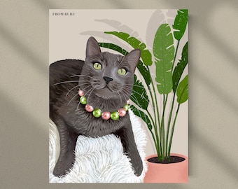 Gray cat, cat art print, Russian blue cat, cat plant art, houseplant art, boho cat print, Christmas gift, cat mom, cat gift, cat lovers gift