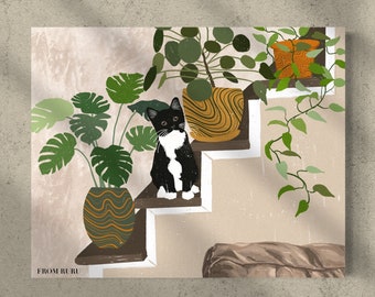Tuxedo cat art print, white and black cat art, plant art, houseplant art print, boho cat art, bohemian decor, birthday gift