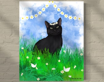 Black cat in daisy field | spring black cat art print | cat lover gift | digital cat art | black kitty art | floral cat | spring art print