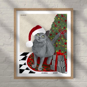 Chat bleu russe portant un bonnet de Noel, art de chat de Noël, impression de chat gris, cadeau pour les amoureux des chats, cadeau pour maman chat, cadeau chat de Noël, cadeaux de moins de 10 ans