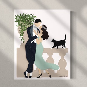 May include: A couple in formal attire embraces on a balcony, with a black cat watching from the railing. The woman wears a teal dress and the man wears a black suit with a white bow tie. The balcony has a beige railing with decorative details.