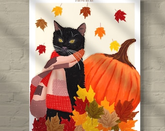 Fall Cat, black cat wearing scarf, pu...