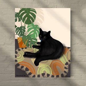 Impression d'art chat bohème | chat noir avec plantes d'intérieur | oeuvre d'art monstera deliciosa | cadeau plante dame | cadeau de maman chat |