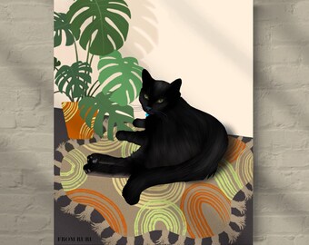 Stampa artistica di gatti boho / gatto nero con piante da appartamento / arte di monstera deliciosa / regalo per signora delle piante / regalo per mamma gatta /