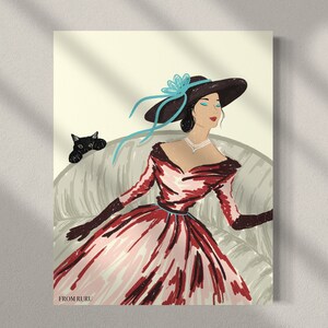 May include: A woman in a red and pink dress with a black hat and blue ribbon sits on a couch with a black cat. The text "FROM RURU" is at the bottom of the image.
