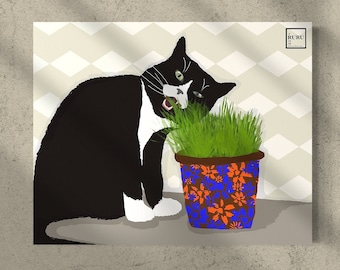 Cat eating grass, cat eating, tuxedo cat, black cat art, Christmas gift, cat dad gift, cat mom gift, gifts under 15, gift for cat lovers