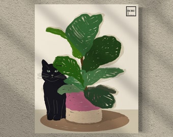 Cat with plant, black cat art, plant art, houseplant art print, fiddle leaf fig art, cat illustration, minimalist cat art, botanical art