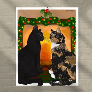 Christmas cats in front of fireplace, calico cat art, black cat art, mistletoe art, Christmas cat art, gift for her, cat lovers gift