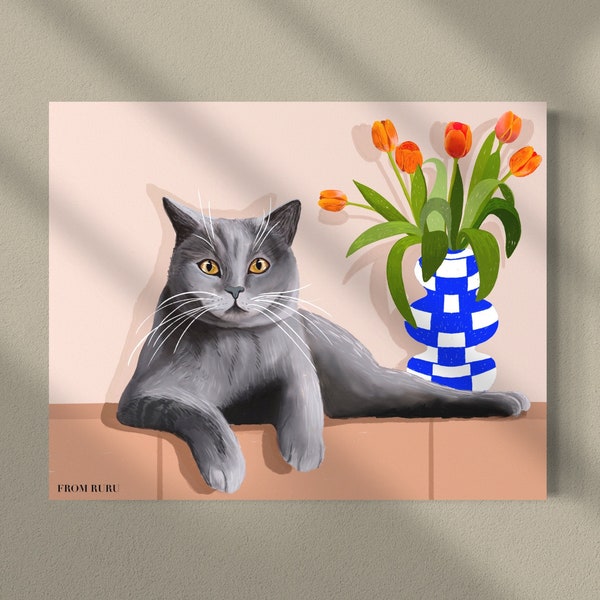 Gray cat art, British shorthair cat, Russian blue cat, contemporary cat art, orange tulip art, tulip art, cat lover gift, Christmas gift
