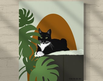 Tuxedo cat, black cat, monstera art, cat illustration, gift for cat lovers, cat mom gift, cat dad gift, gifts under 10