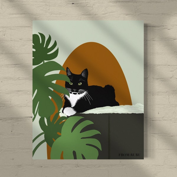 Tuxedo cat, black cat, monstera art, cat illustration, gift for cat lovers, cat mom gift, cat dad gift, gifts under 10