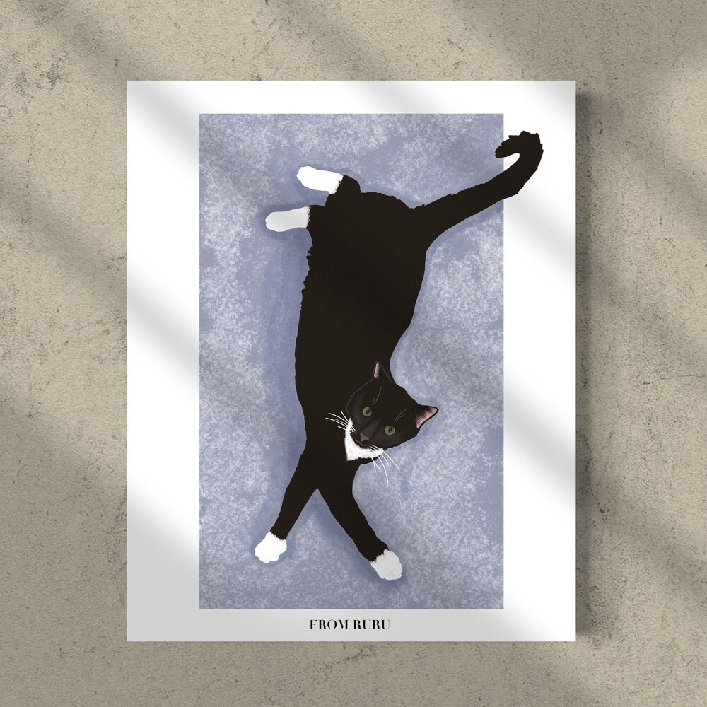 Tuxedo Cat Art, White & Black Cat Print, Cat Illustration, Yoga Cat, Cat Print, Cat Lovers Gift, Cat Mom Gift, Cat Dad Gift, Christmas Gift