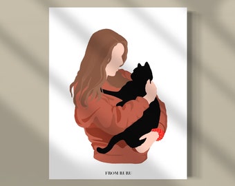 Cat lady art print | minimalist woman holding cat | digital art print | cat lover gift | Mother’s Day gift | cat mom gift