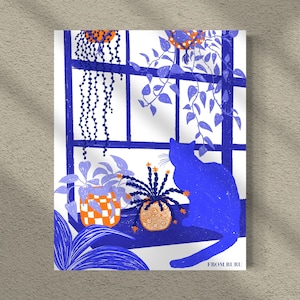 Blue cat plant art, cat on windowsill, blue art, blue plant art, minimalist cat art, blue kitchen art, cat mom gift, cat lovers gift