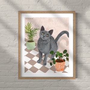 Russian blue cat, gray cat art, Russian blue print, cat plant art, boho cat art, aesthetic cat art, checkered art, Mediterranean cat art