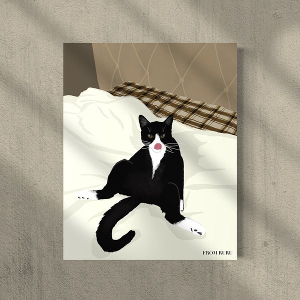 Black cat sitting, cat tongue out, tuxedo cat art, funny cat art, black cat lover, gift for cat lovers, cat mom gift, cat licking