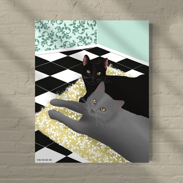 Black and gray cat art, gray cat art print, black cat art print, cat illustration, cat print, Christmas gift, cat tote bag